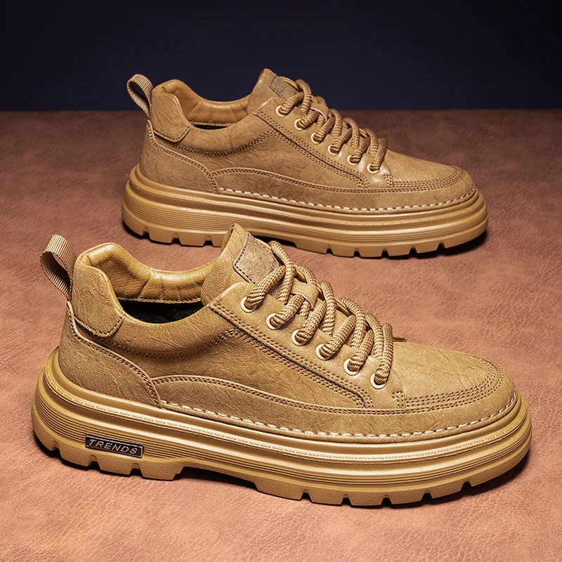 

Men's Spring and Autumn Microfiber Leather Strap Thick Bottom Anti Slip Waterproof Retro British Outdoor Hiking Shoes