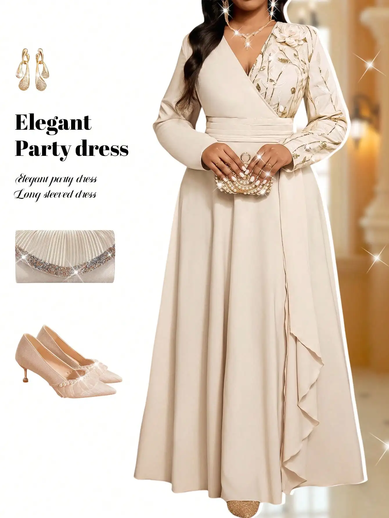 

Elegant Long Sleeve Wrap Dress with Floral Embroidery and Ruffle Hem