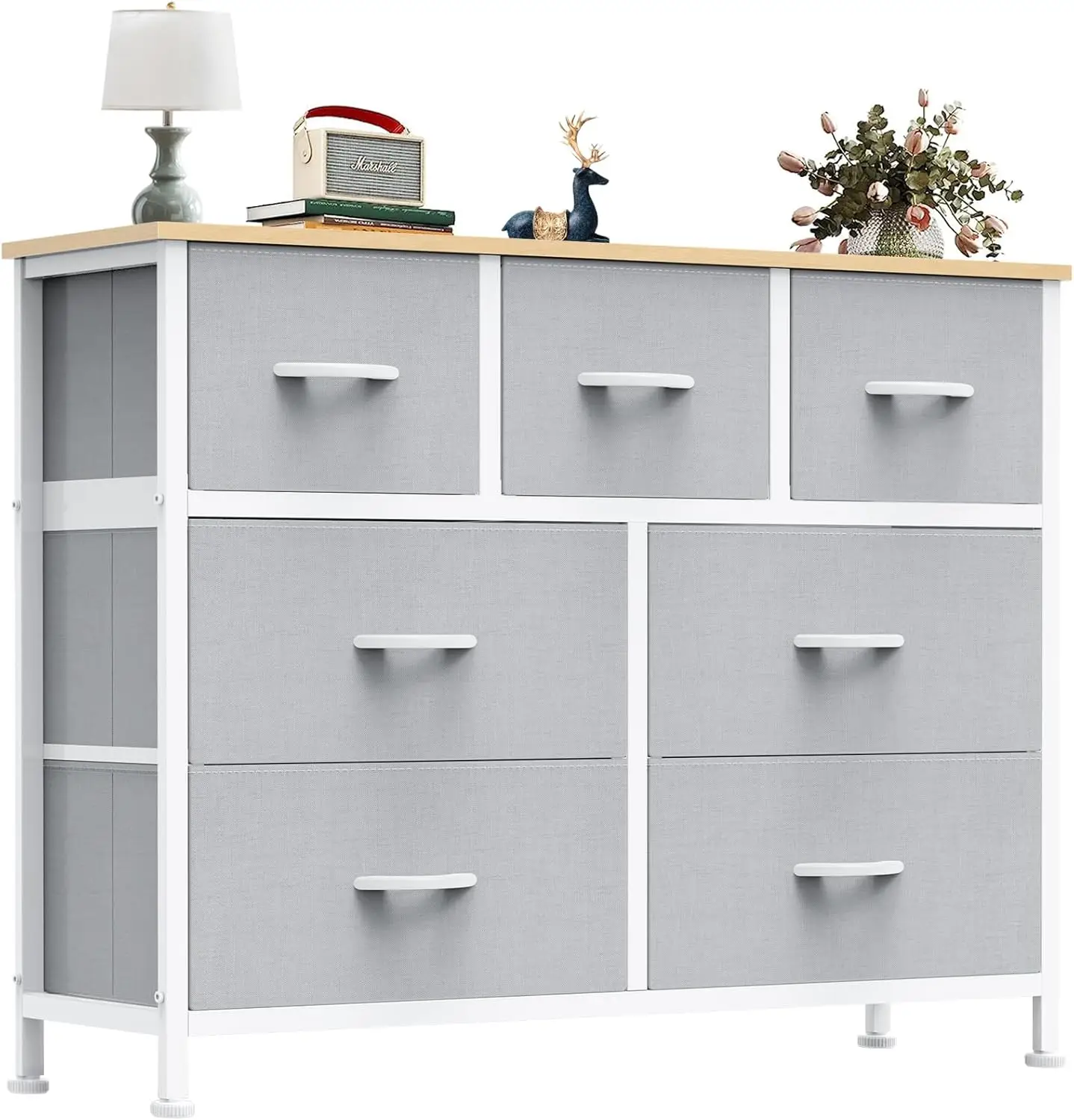 

7 Drawer Fabric Dresser for Bedroom, Storage Tower with Steel Frame & Wooden Top, Light Gray