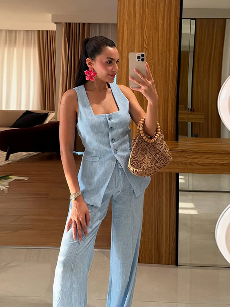 Conjunto elegante de chaleco y pantalones con cuello cuadrado para mujer, traje sin mangas con botones y cintura ceñida, moda de verano 2025, trajes de oficina de 2 piezas para mujer