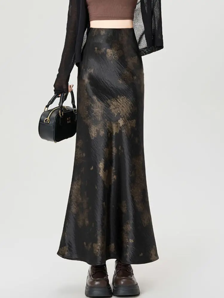 Elegantพิมพ์ผ้าไหมกระโปรงยาวผู้หญิง 2025 เกาหลีแฟชั่นY2kเสื้อผ้าFaldas Largas CasualสายสีดําMidiกระโปรงHarajuku