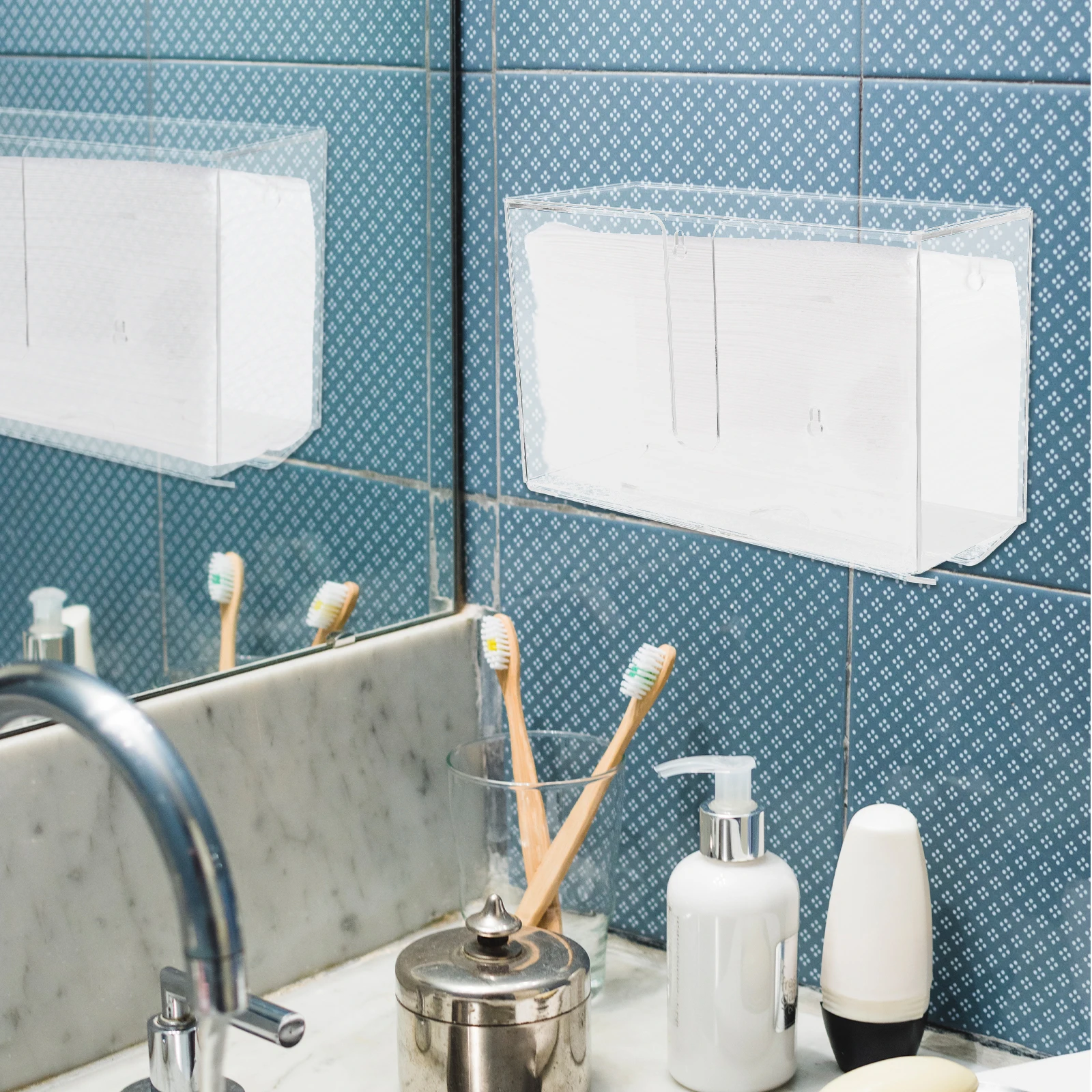 

Wall Mount Tissue Box Holder Large Capacity Bathroom Paper Towel Dispenser Plastic Clear Napkin Guest Hand Storage
