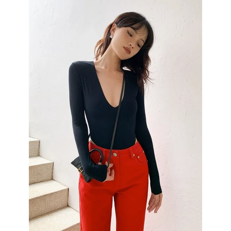 

Slim Fit Long Sve Deep U Ne American ey Women's T-irt 2026 Spring New Sle High Waist ort Pants Polyester Fiber