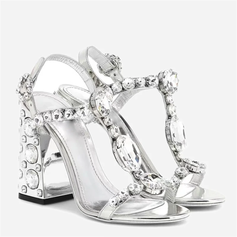 

Gilttery Czech Diamond T- Strap Sandals Rhinestone Studded Square High Heels Gold Silver Bling Wedding Shoes Woman Banquet Heel