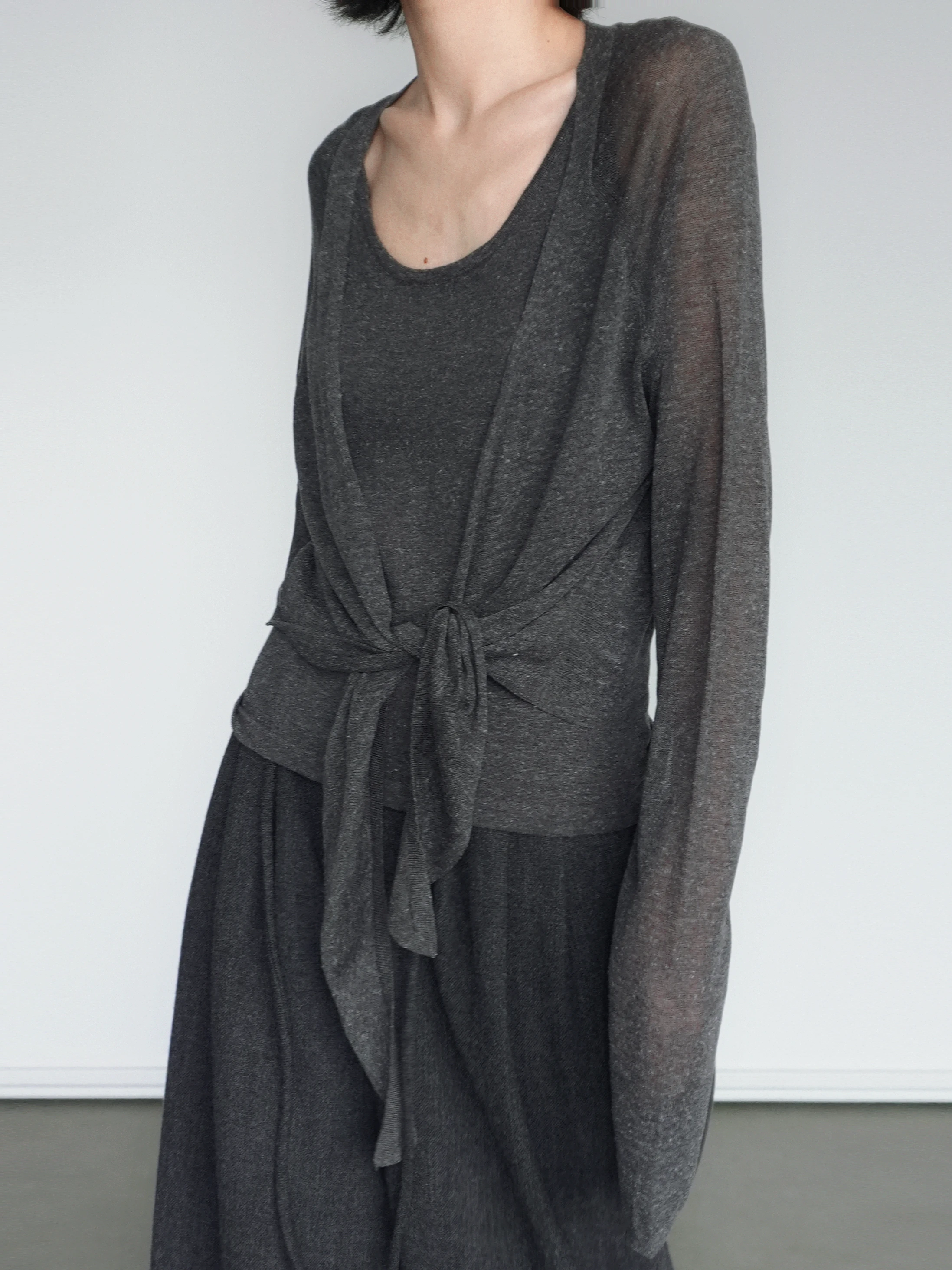 

Женский модный комплект Uxi: асимметричный вязаный жилет и кардиган из льна, свободный крой, прямой силуэт, укороченная длина