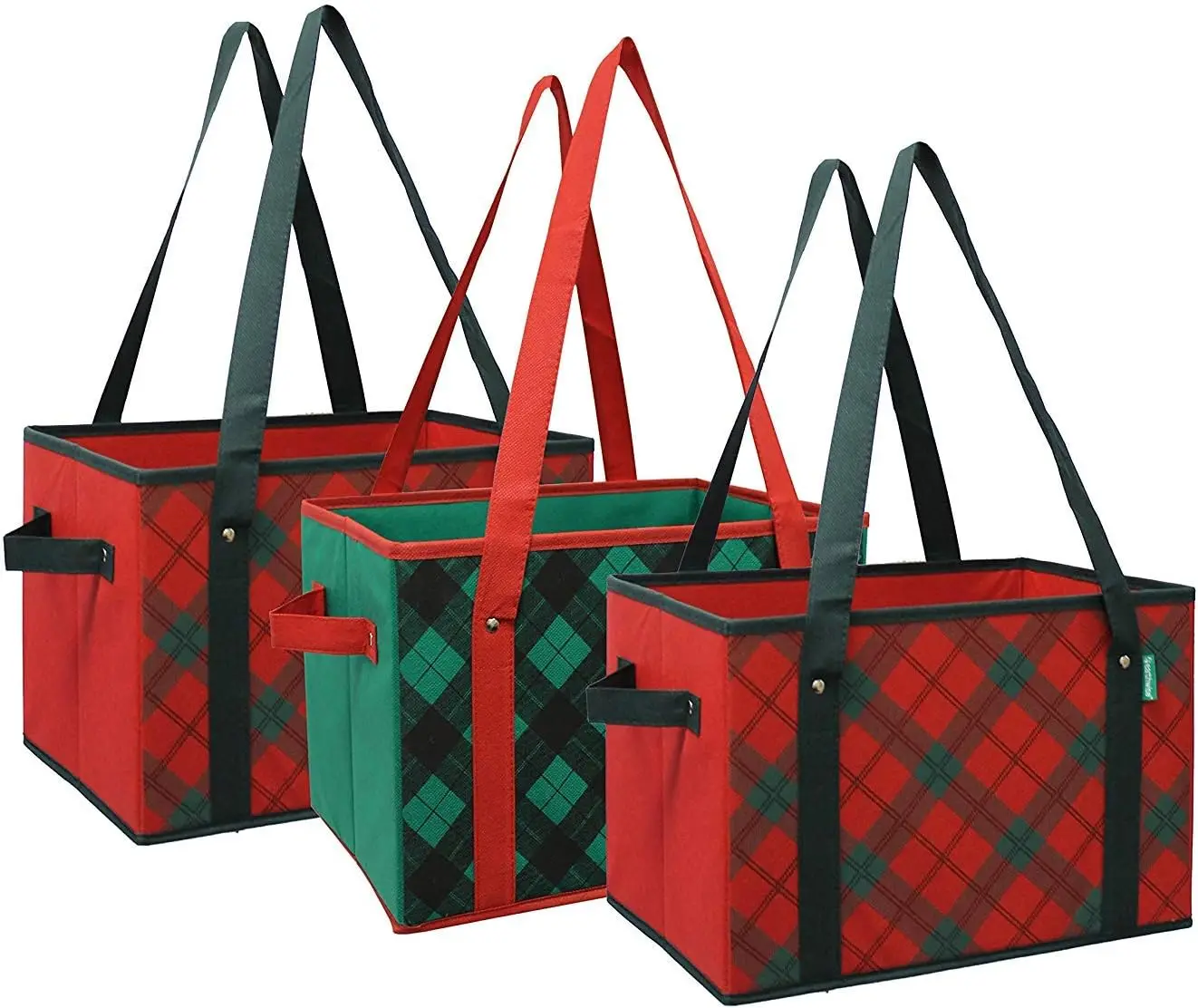 

Collapsible Reusable Shopping Box Set with Reinforced Bottom, Plaid Holiday Design, Storage Bins (Set of 3)
