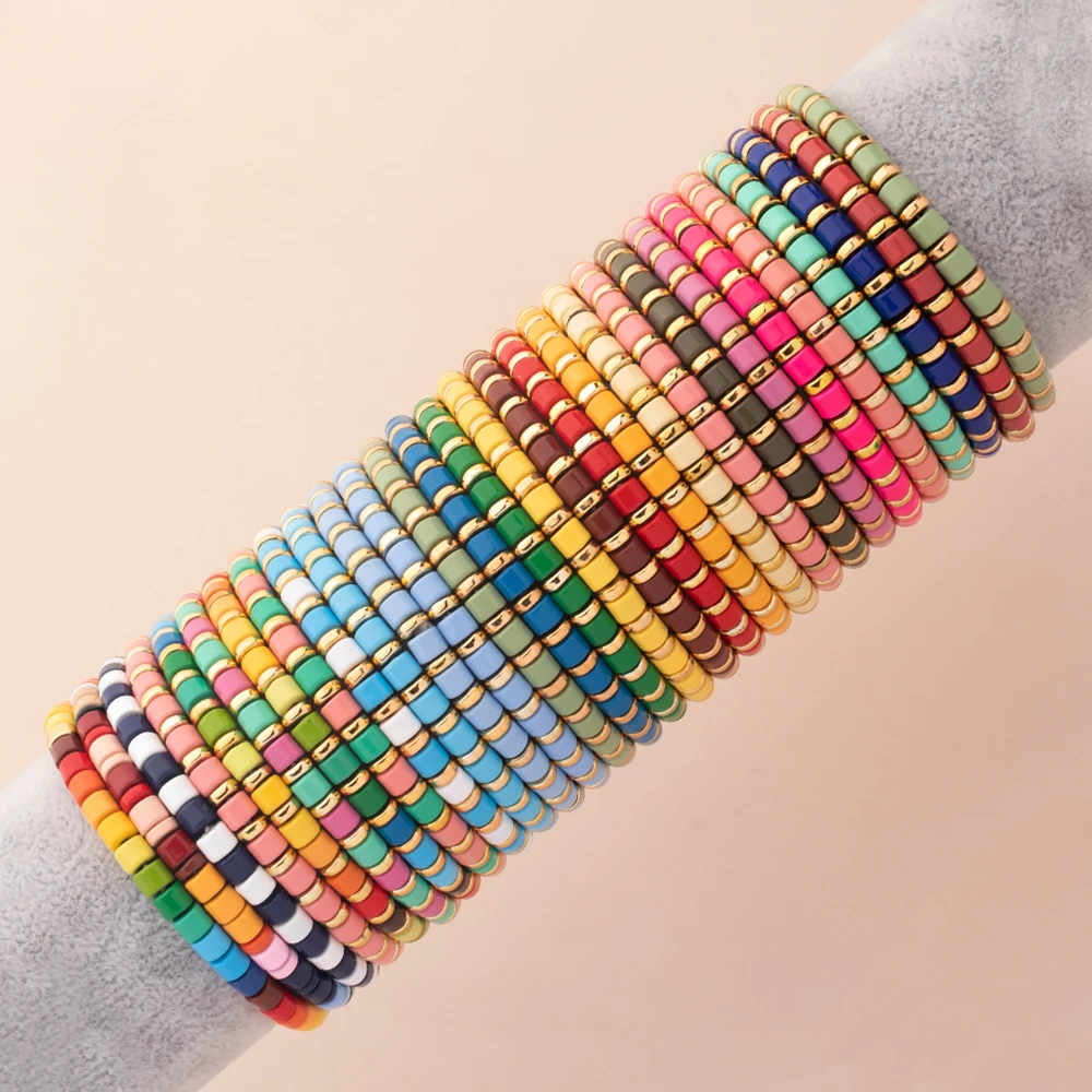 Hot Deal 5x4mm Enamel Beads Colorful Beads Elastic Bracelets For Women Handmade Bohemian Rainbow Jewelry