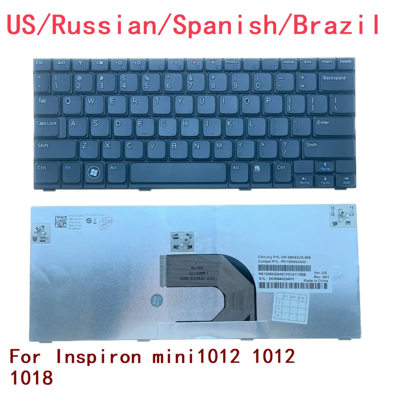 

New US Russian Spanish Brazil Laptop Keyboard For Dell Inspiron mini1012 1012 1018 Notebook PC Replacement