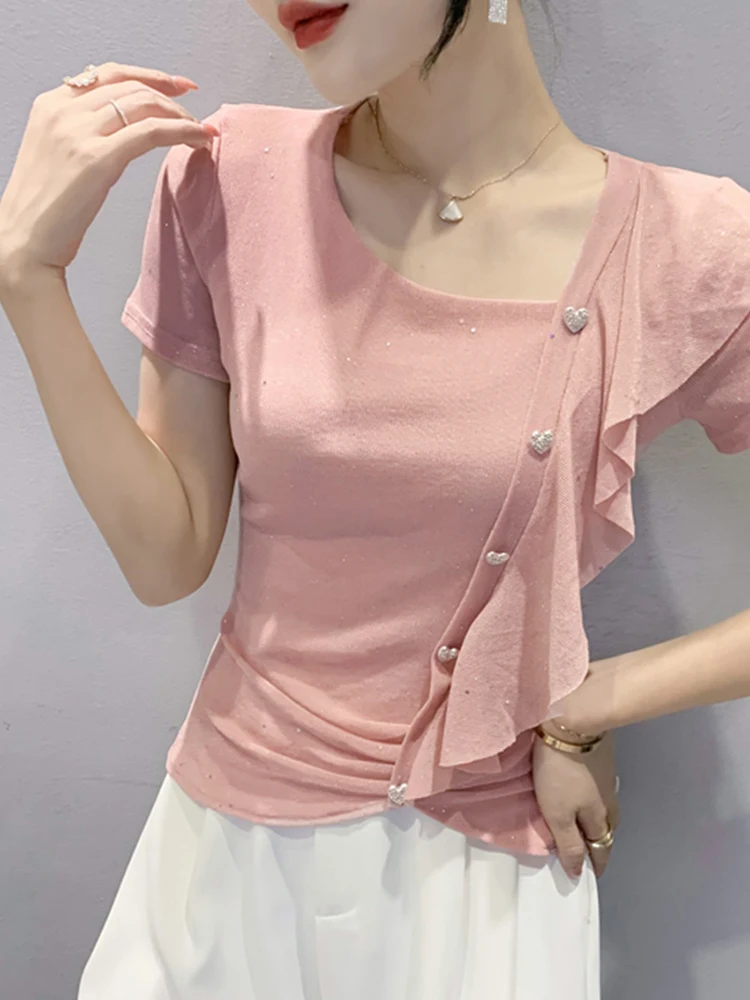 

Модная женская летняя новинка: сексуальная футболка с асимметричным воротником и кружевной отделкой, укороченная, для повседневной носки