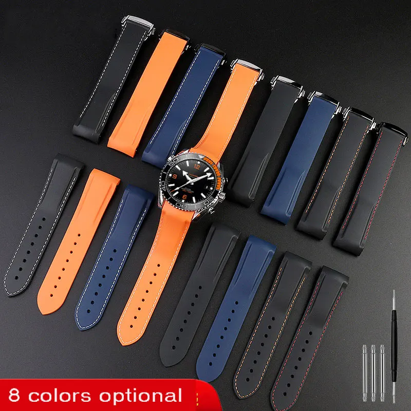 20mm 22mm Blue Black Orange Curved End Rubber Silicone Watch Bands For Omega Seamaster 300 Speedmaster Strap Brand Watchband