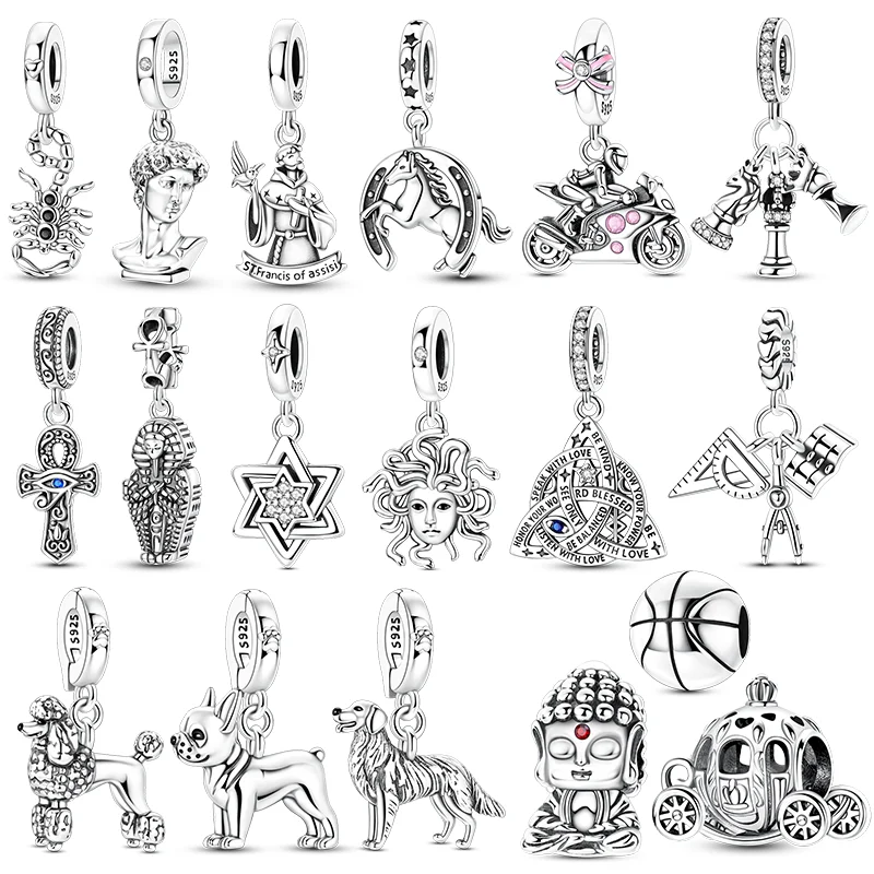 925 Silver Charms Beads Horseshoe Motorcycle Poodle Chinese Chess Hexagram Dangle Fit Original Bracelet Women Jewelry Gift DIY