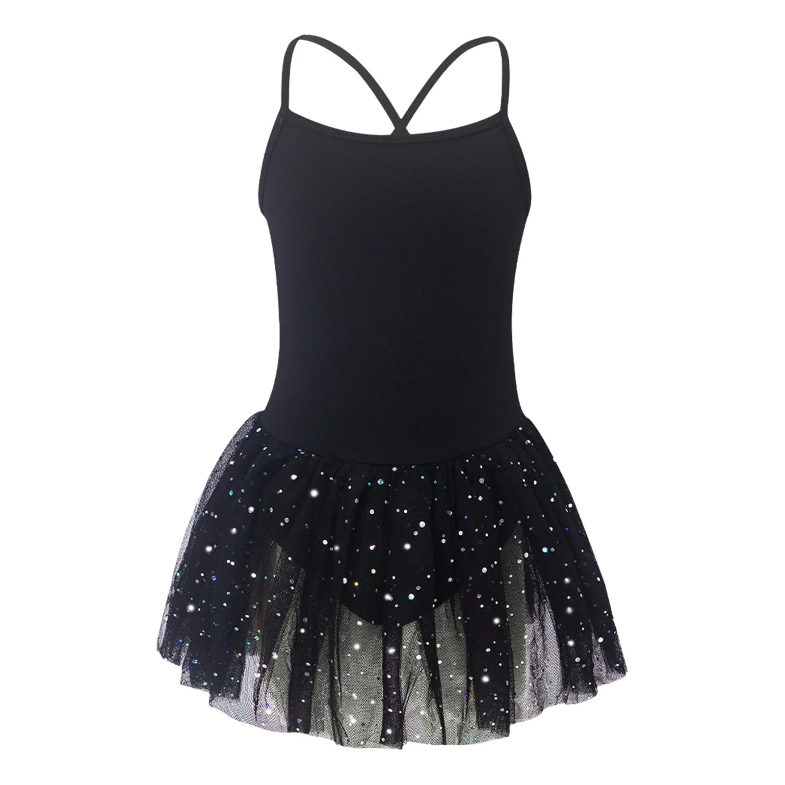 

Girls Sequin Tulle Dress Ballerina Costume Ballet Skirted Leotards Dresses Spaghetti Straps Cross Back Kids Practice Dress