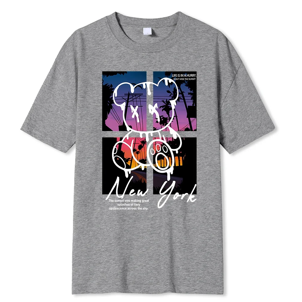 New York Art Word Cartoon Bear Sunset Scenery Design T Shirts Men Fashion Cotton Shirt Loose Summer T Shirts Oversized Tee