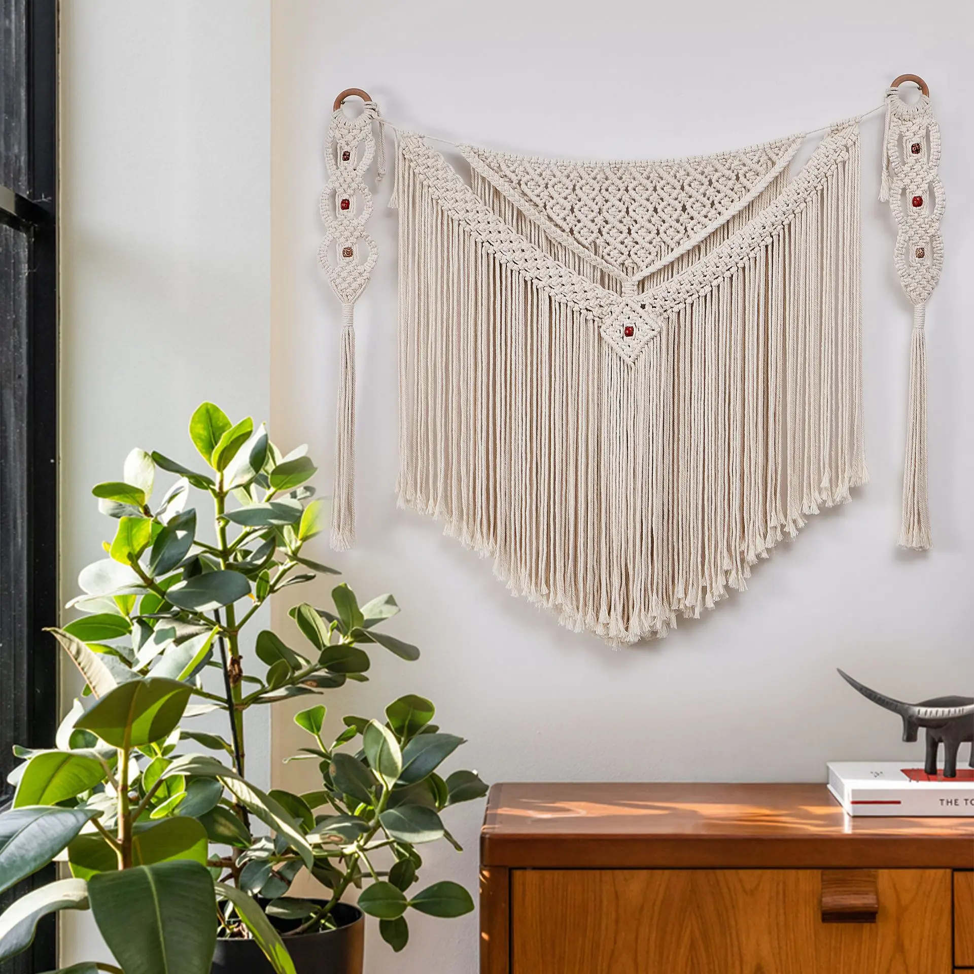 

Nordic Style Wall Hanging Tapestry Cotton Rope Tassel Home Decorative Wall Art for B&B Plant Floral Pattern