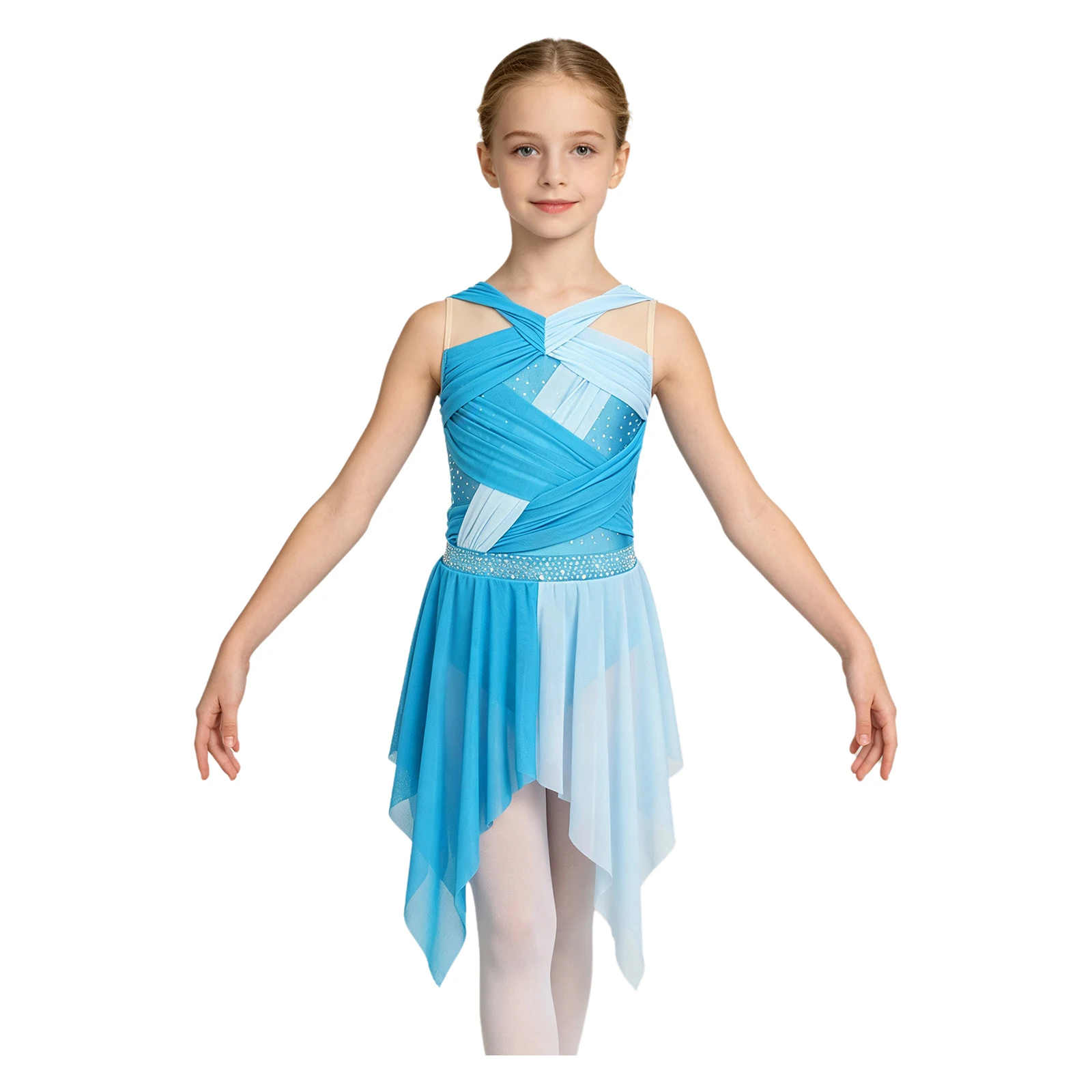 Kids Girls Shiny Rhinestone Ruched Mesh Modern Lyrical Dance Dress Figure Skating Ballet Gymnastics Acrobatics Leotard Dresses