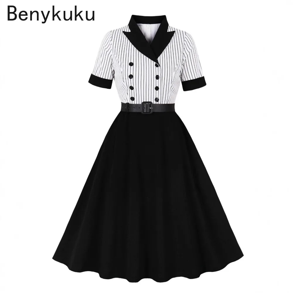 

Color Block Notched Collar Vintage British Striped Dress 2025 Summer Double Breasted Buttons Belted Elegant Office Midi Dresses