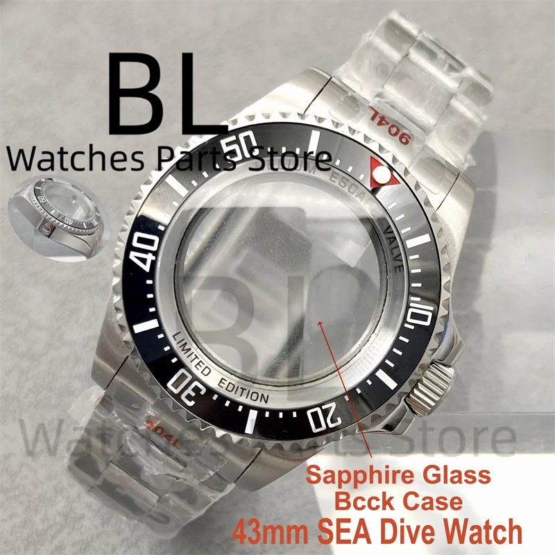 

BLIGER 43MM Sapphire Glass SEA Watch Case Glass Back Ceramic Bezel Silver Stainless Steel Bracelet Fit NH34 NH35 PT5000 Movement