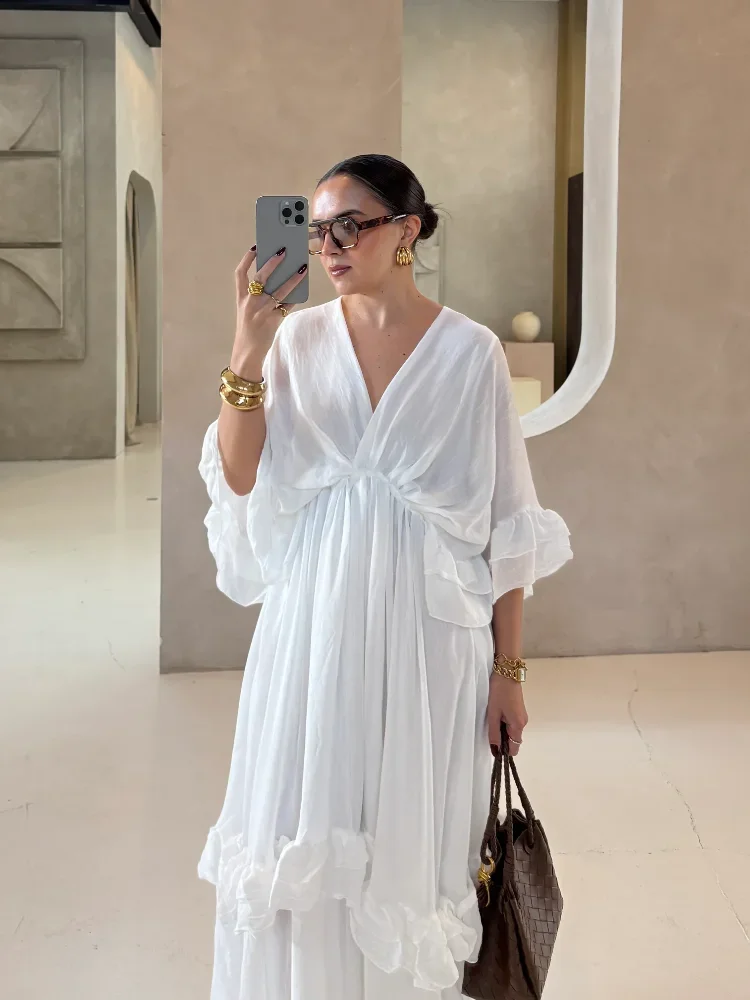 Mulheres cintura alta manga cheia a linha vestido longo branco decote em v chiffon em camadas babados maxi vestidos de verão senhora high street robes