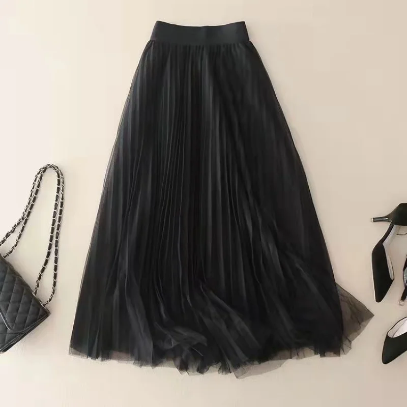 Summer Solid Color Pleated Mesh Skirt Women Classic High Waisted Shirring Slim Temperament Casual Korean Lady Midi Skirt