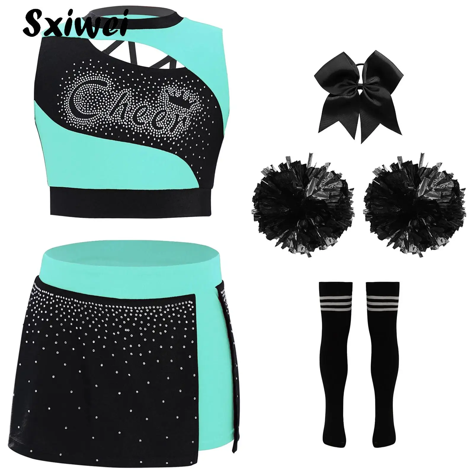 

School Girls Cheerleading Uniforms Dance Costume Outfit Rhinestones Metallic Sports Meeting Cheerleader Crop Top+Side Slit Skirt