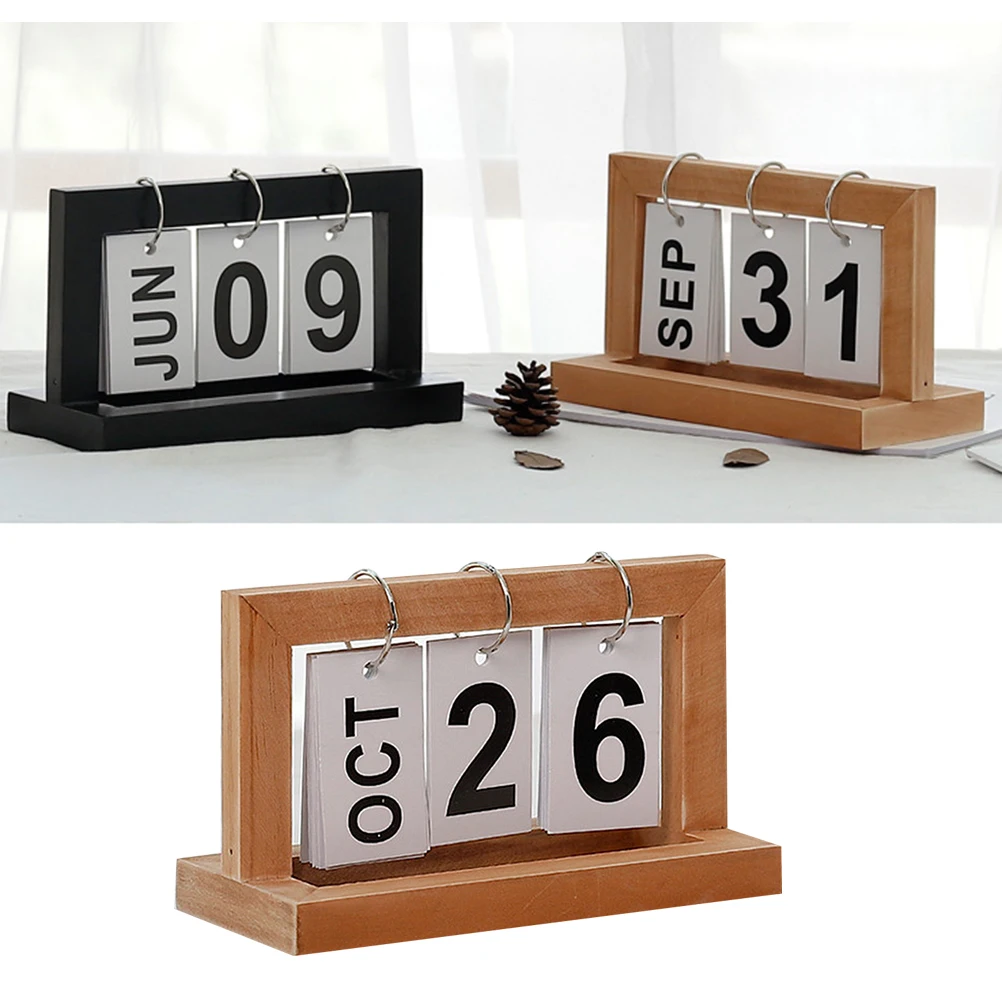 Calendário flip de madeira original, display manual de data, decoração de mesa de madeira diy para escritório doméstico, produto de impressão cáqui