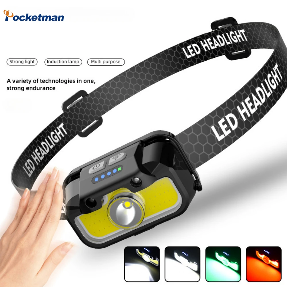 High Power LED Headlight Sensor Electric Display Headlamp USB Rechargeable Head Flashlight Portable Lighting Outdoor Fishing