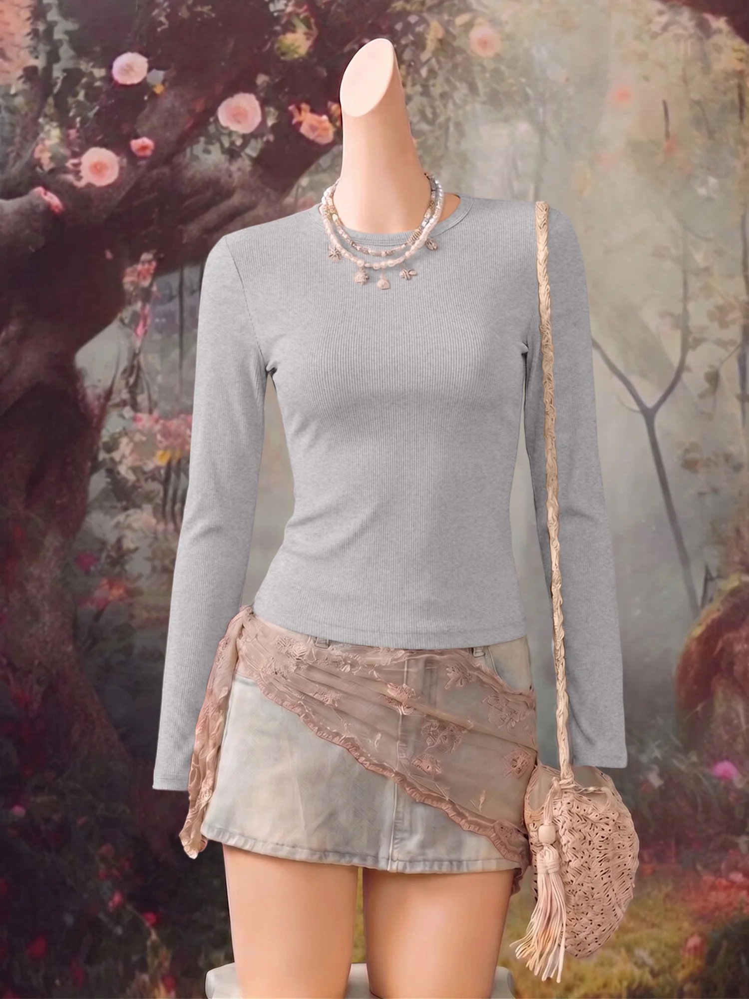Round Neck Rib Knit Long Sleeve Top Women Slim Figure Hugging Solid Color Casual Base Tees