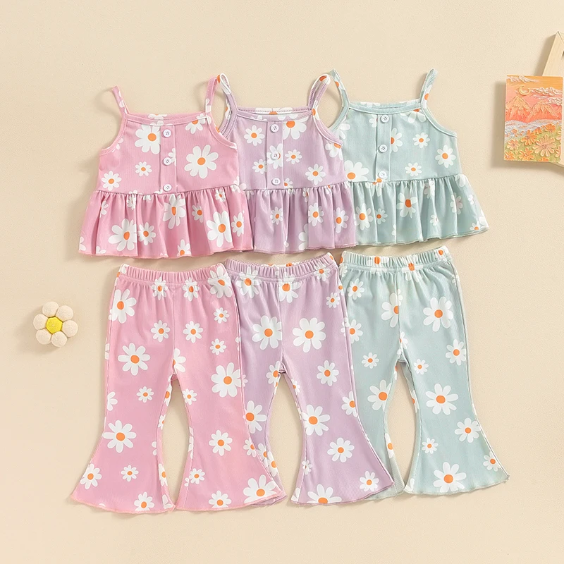 

Toddler Baby Girl 2Pcs Summer Outfits Sleeveless Floral Print Cami Tops + Flare Pants Set Clothes