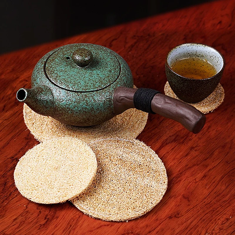 New Round Loofah Mat Heat Insulation Pot Mat Tea Coaster Teapot Mat Tea Set Accessories Single/double Layer Loofah