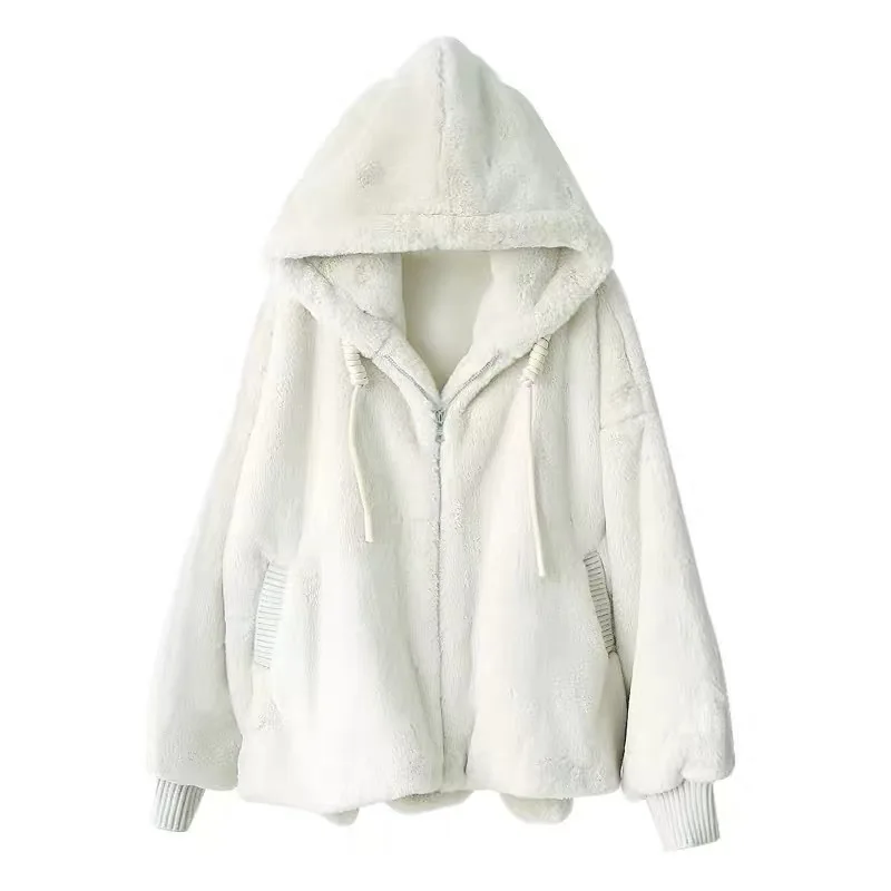 Abrigo de lana de cordero de imitación blanca para mujer, chaqueta de felpa de piel de conejo sintética, abrigo de invierno cálido, abrigo peludo informal