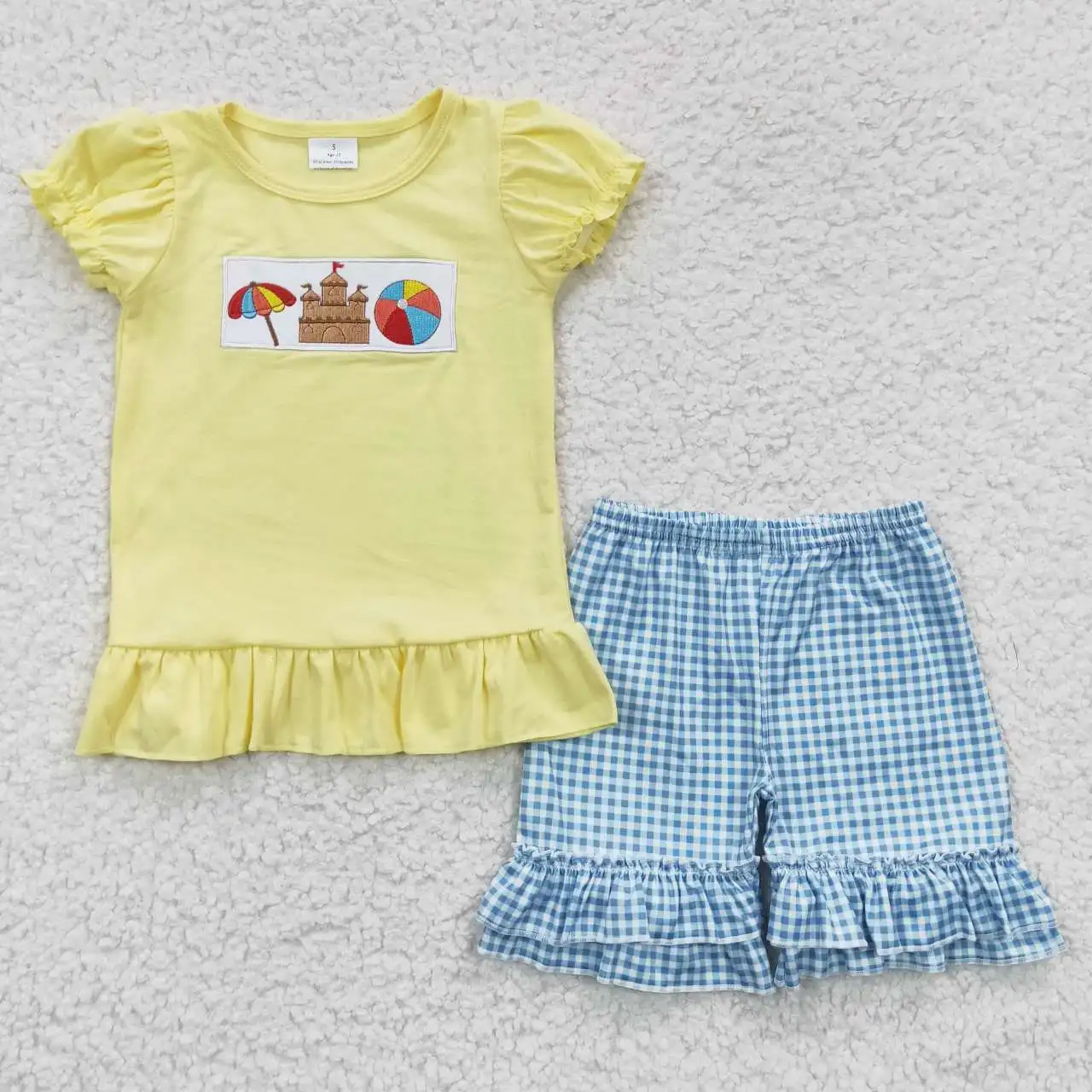 GSSO0276 Baby Girls Clothes Embroidered Beach Castle Yellow Short Sleeve Blue Grid Set Summer Suit 2 piece Boutique