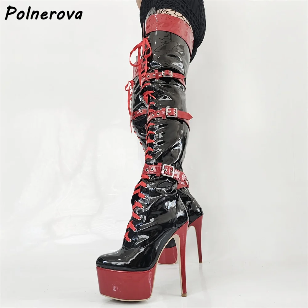 

Черные, красные высокие сапоги до бедра с несколькими пряжками на платформе в стиле пэчворк, кожаные туфли на тонком каблуке со шнуровкой, зимние пикантные туфли Hotties