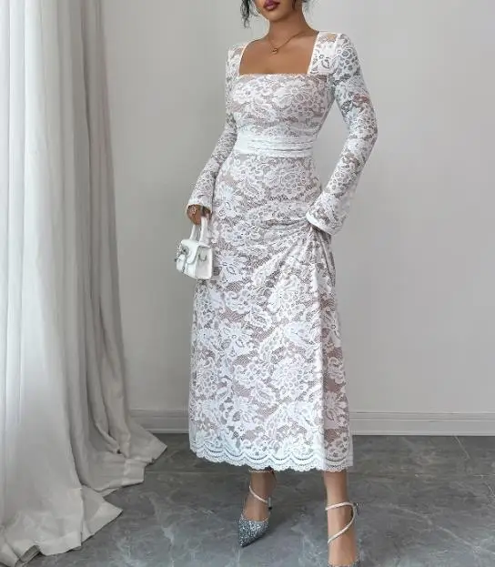 

Womens Dresses 2025 Spring Autumn New Solid Color Elegant Lace Patchwork Square Neck Long Sleeve Temperament Long Dress