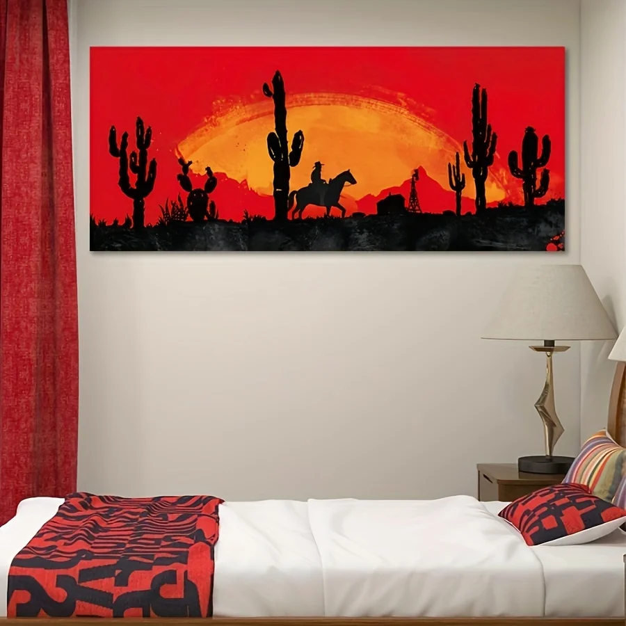 1pc frameless Red Sunset Cowboy Canvas Art -  Western Desert Wall Decor for  - Modern Southwestern Landscape Poster