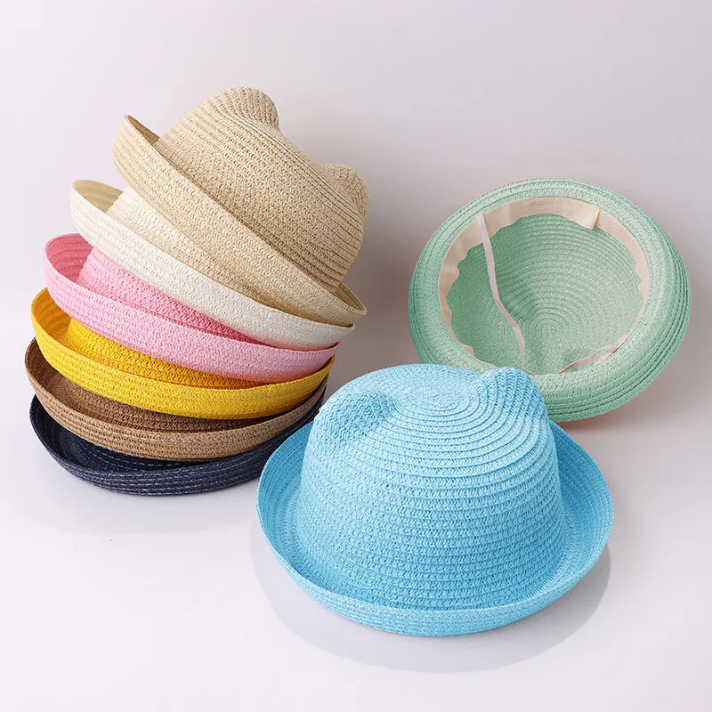 Summer Sun Hat Boys Girls Children Panama Sun Hat Children Ear Decoration Sun Hat Solid Kid Floppy Panama Hat