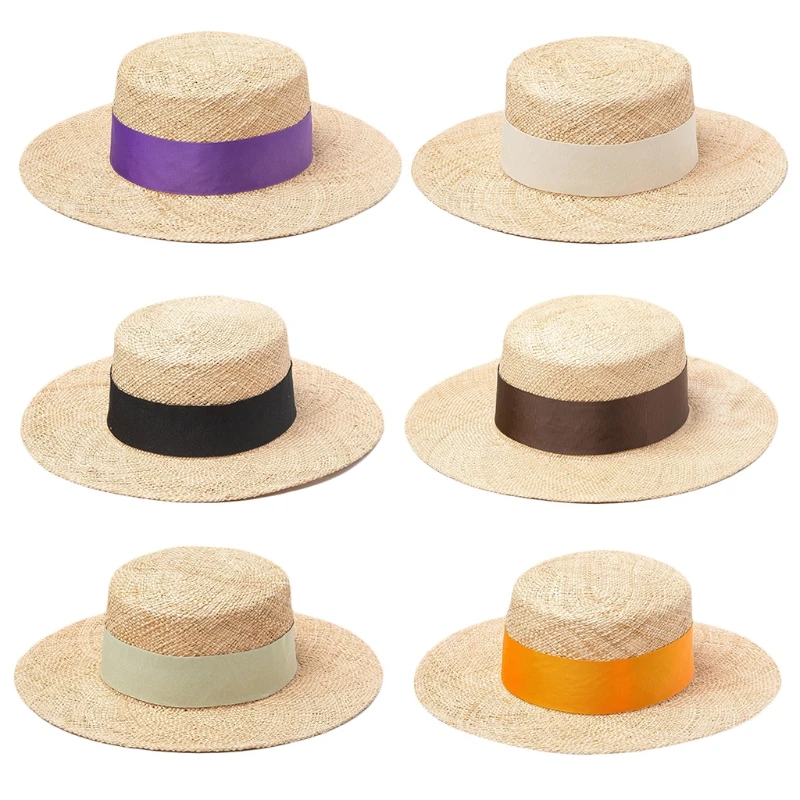 

Women's Folding Beach Flat Straw Hats Warp Knitting Fisherman Braid Band Caps for Face Sunscreen and UV for Drop shipping