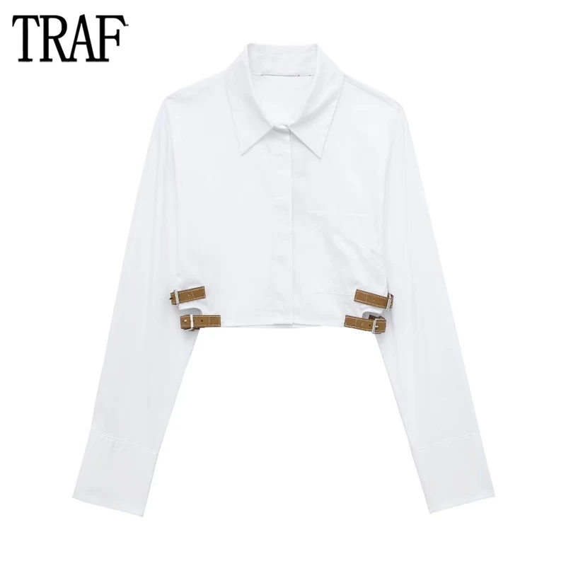 TRAF White Cropped Shirts for Women Belt Button up Shirt Woman Long Sleeve Shirts and Blouses Women Streetwear Collar Top Female