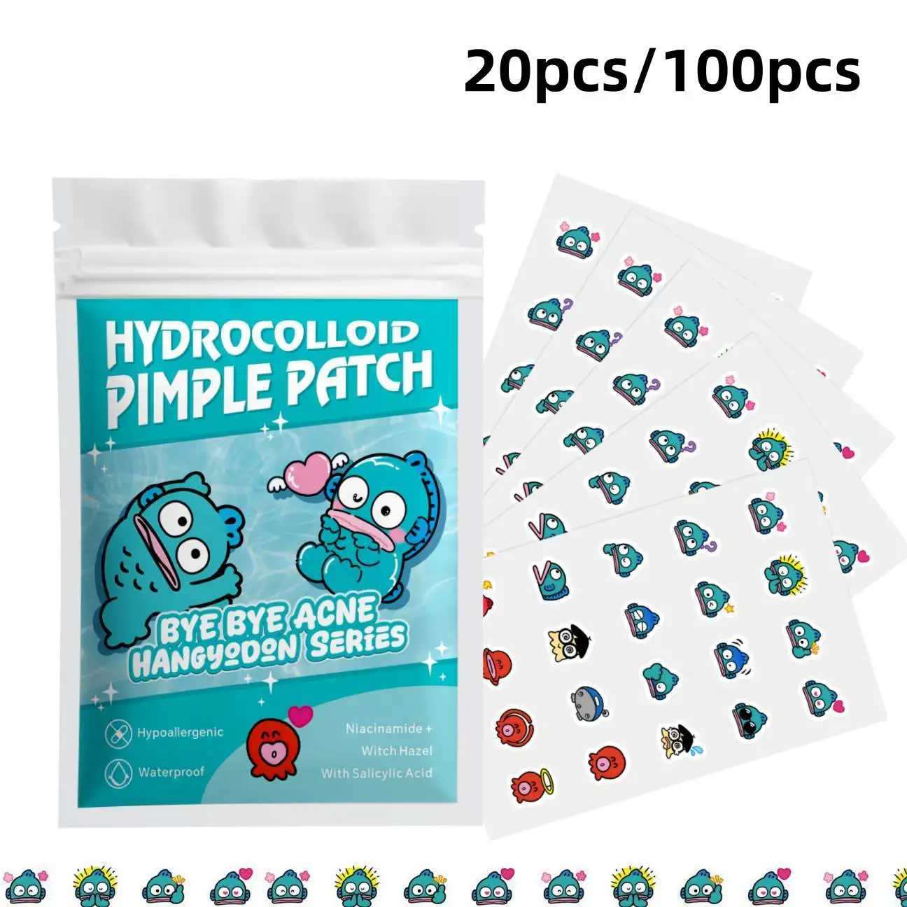 20/100pcsHangyodon Cute Character Pimple Patches Hydrocolloid Acne Spot Cover, Invisible Cartoon Face Care Stickers