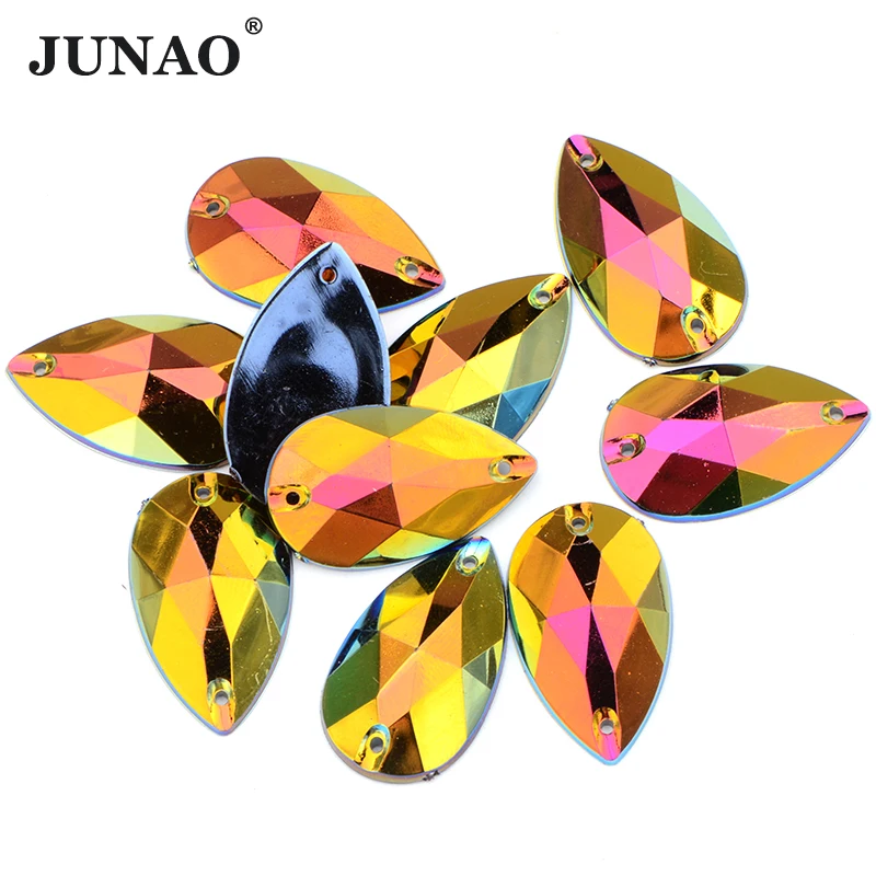 JUNAO 17*28 millimetri di Cucito Grande Teardrop Rhinestone della Parte Posteriore Piana AB Pietre di Cristallo Sew On Resina Strass Applique per