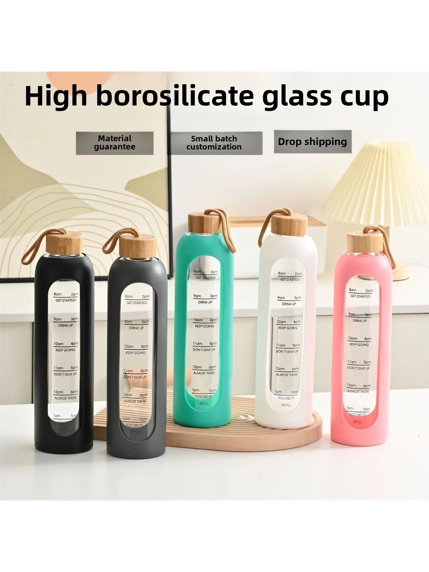 Borosilicate Glass Water Bottle with Straw & Time Marker, 40oz Large Sports Flask for Gym Travel Camping