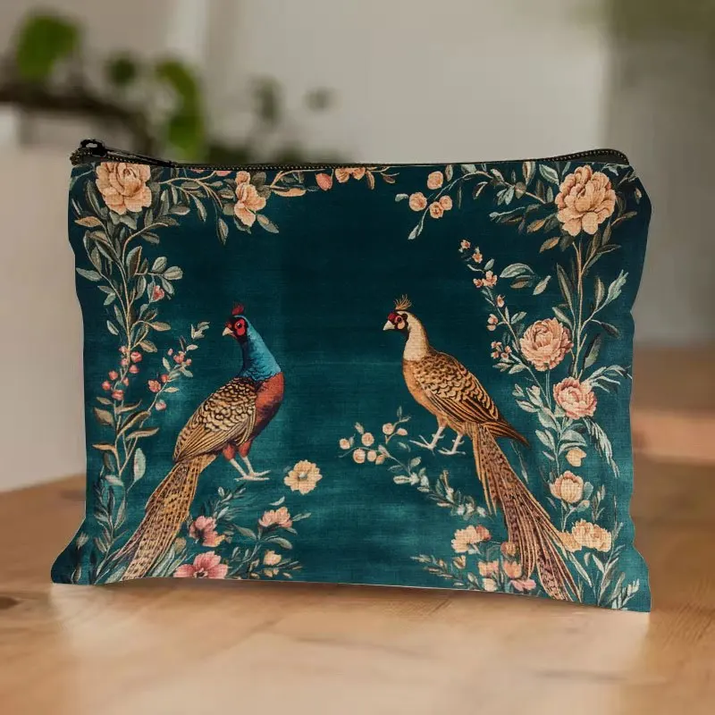 1pc Makeup Storage Bag with Pheasant & Floral Design -Durable Polyester Cosmetic Bag Gift for Women