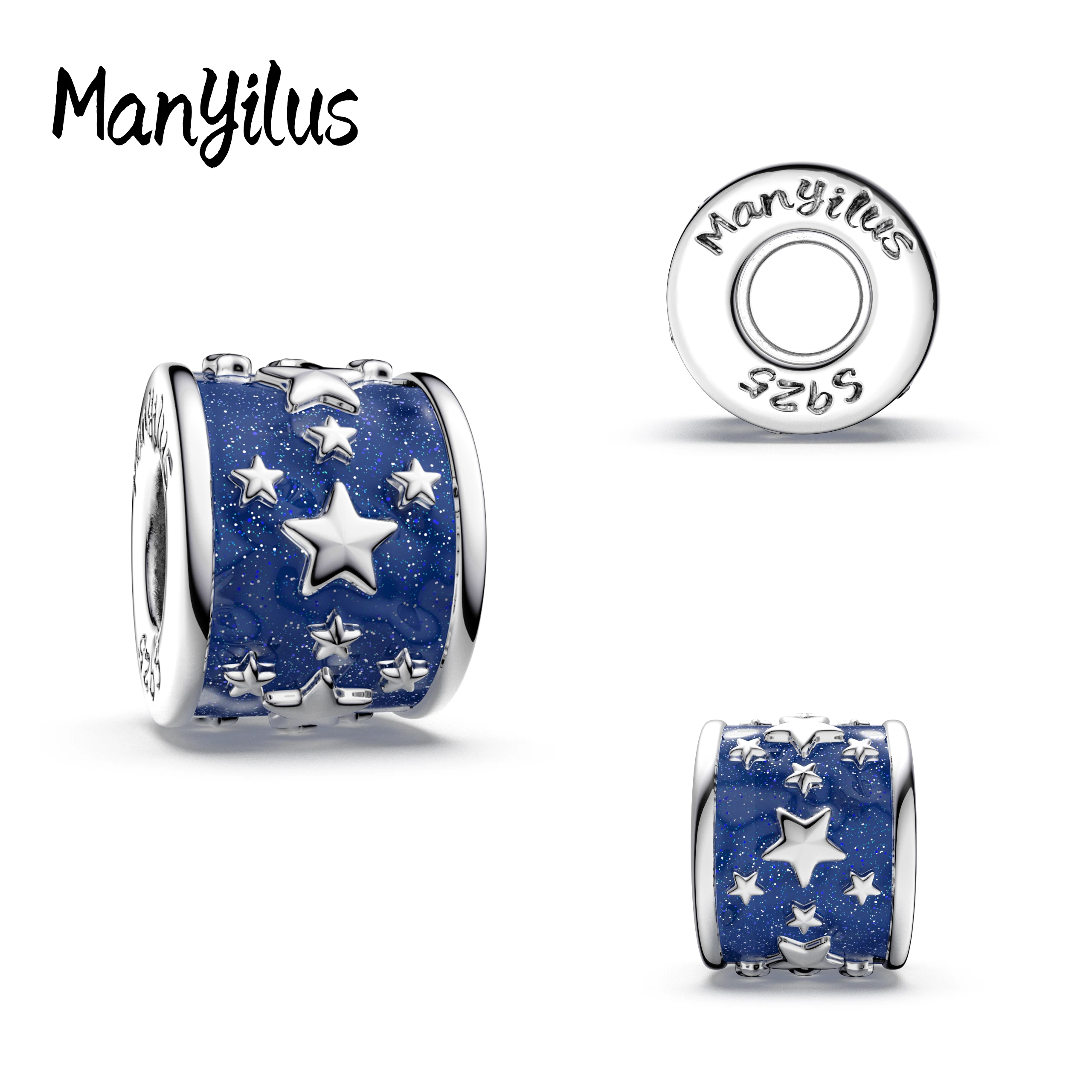 Manyilus S925 Silver Blue Glitter Star Charm for Original Bracelet, Sparkling Galaxy Jewelry Pendant DIY, Shining Night Sky Gift