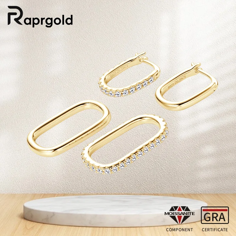 

RAPRGOLD GRA Certified Moissanite Paper Clip Link Hoop Earrings for Women Real 925 Sterling Silver Fine Jewelry Gifts Pendientes