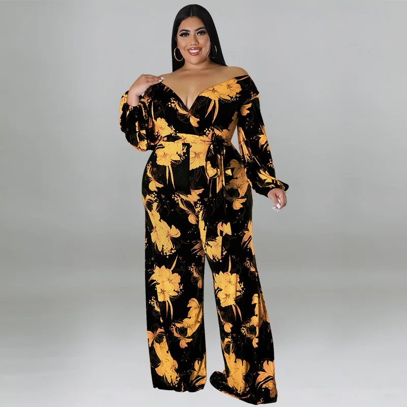 Plus Size Bloemenprint Jumpsuit Vrouwelijke Casual Losse Elegante Kleding Vrouwen Een Stuk Outfit 2023 Herfst Mode Wijde Pijpen Broek