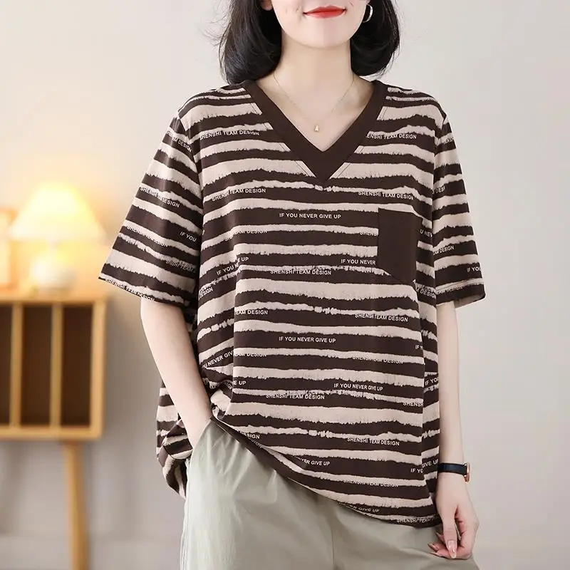 Big Size Cotton Women Clothing Striped Oversized T-Shirt Korean Fashion Summer Short Sleeve Versatile Vintage Basic Casual Tops