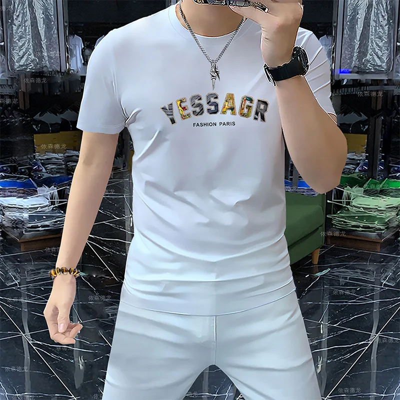 Men's Short Sleeved T-shirt Round Neck Slim Fit Silk Cotton Male Tees Summer light Luxury Pullover Tops Solid Man Clothing 5xl