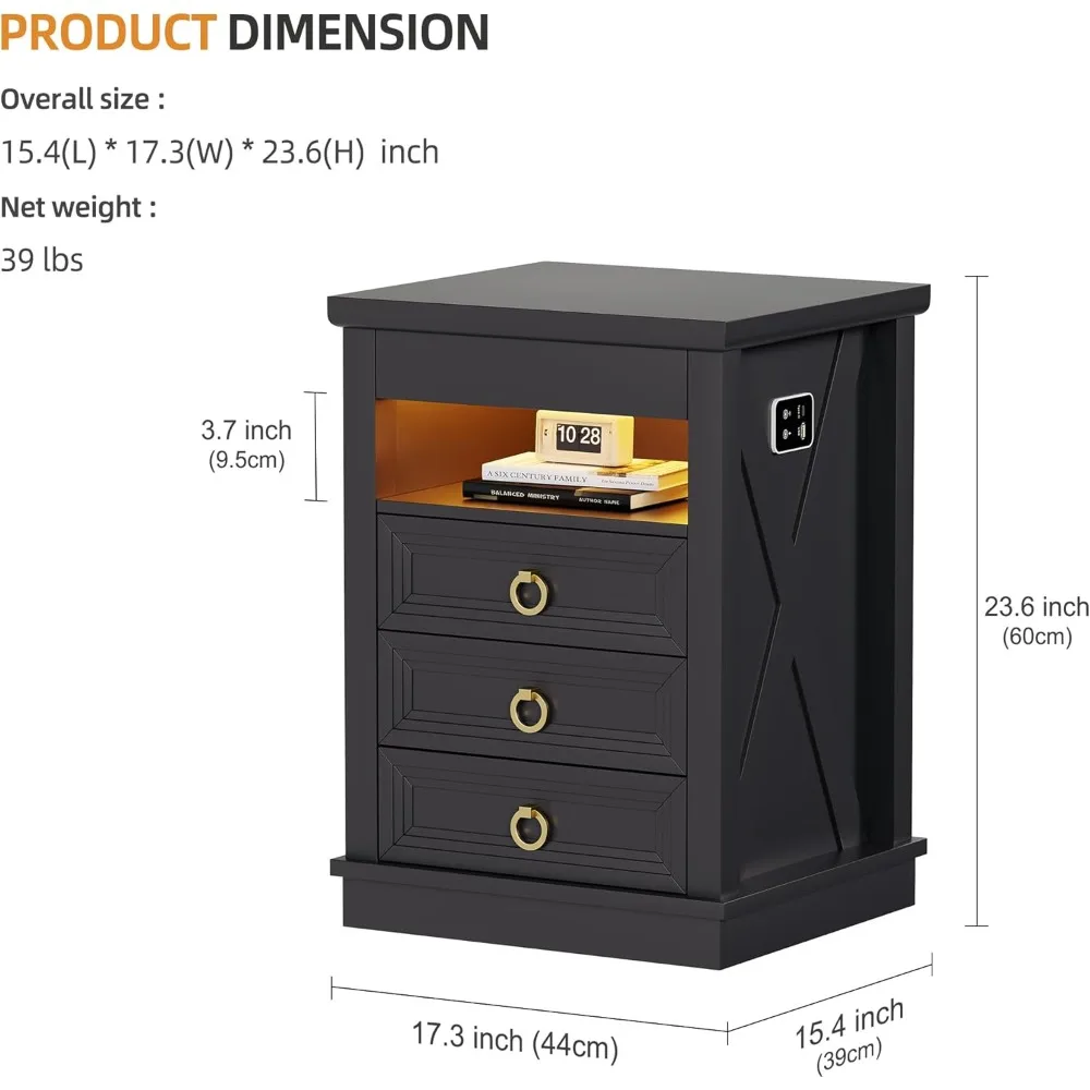 "منضدة تخزين آمنة في 3 ألوان مع إضاءة LED قابلة للتعديل ومنفذ شحن USB"