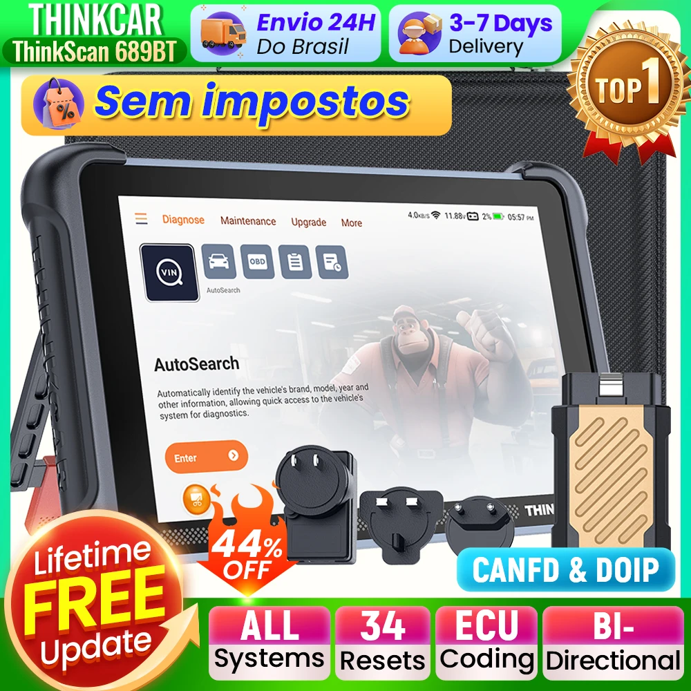 THINKCAR THINKSCAN 689BT Melhor Ferramenta Profissional de Diagnóstico Automóvel CANFD DOIP Codificação Auto VIN ECU Bidirecional 34 Redefinições Vida Completa do Sistema Livre Obd2 Scanner FCA SGW