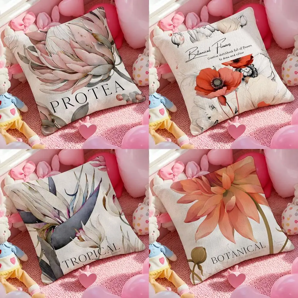 Art Morandi Dried Flower Sketch Cushion Cover Pink Linen Texture Cushion Cover Double Sided Invisible Zipper Deco