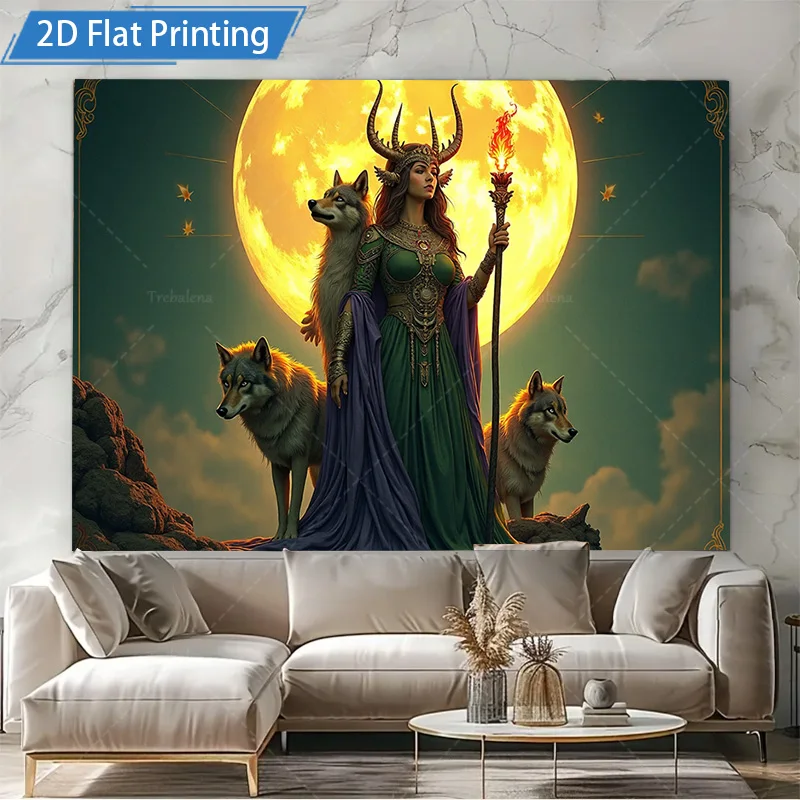 1pc Wall Tapestry "Mystic Moon Goddess with Wolves Fantasy Wall Tapestry"